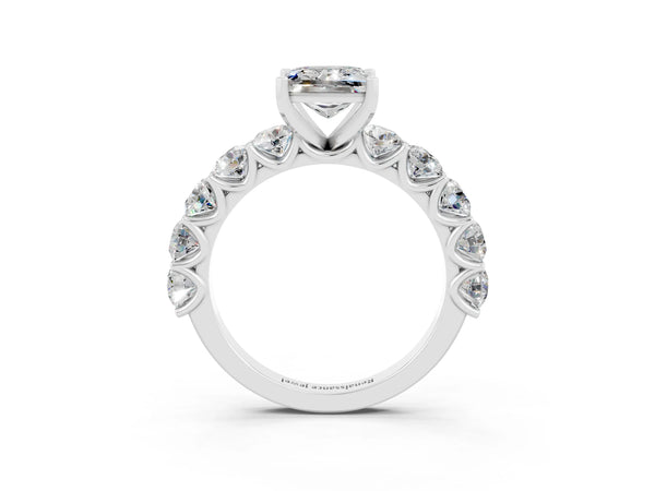 Silver Princess Cut Moissanite Prong Setting with Side Stones on a Pave Band