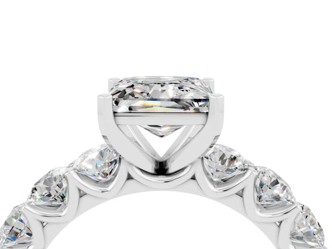 White gold Princess Cut Moissanite Prong Setting with Side Stones on a Pave Band_4