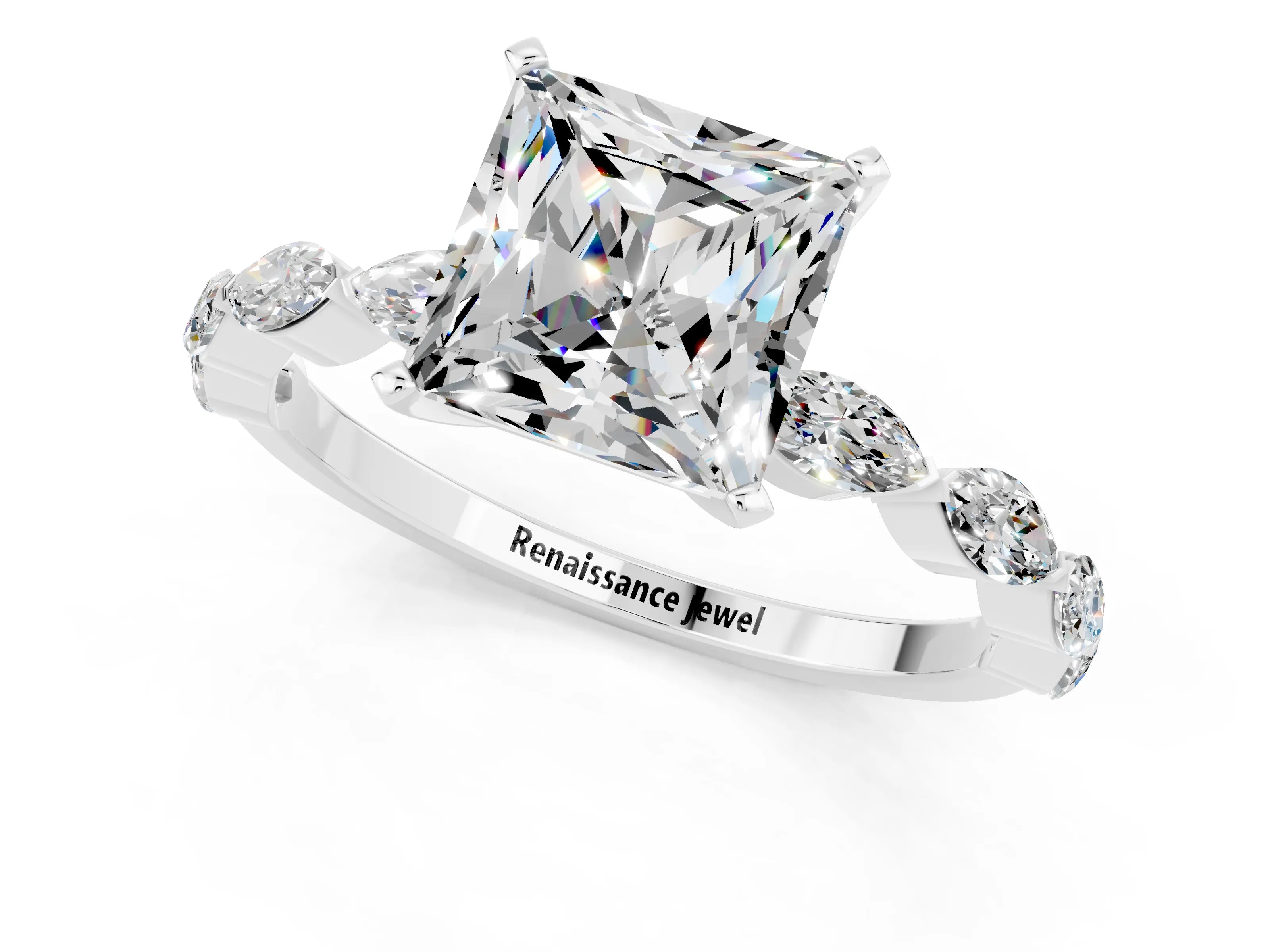 White gold Princess Cut Moissanite Ring with Marquise Side Stones and Prong Setting_1