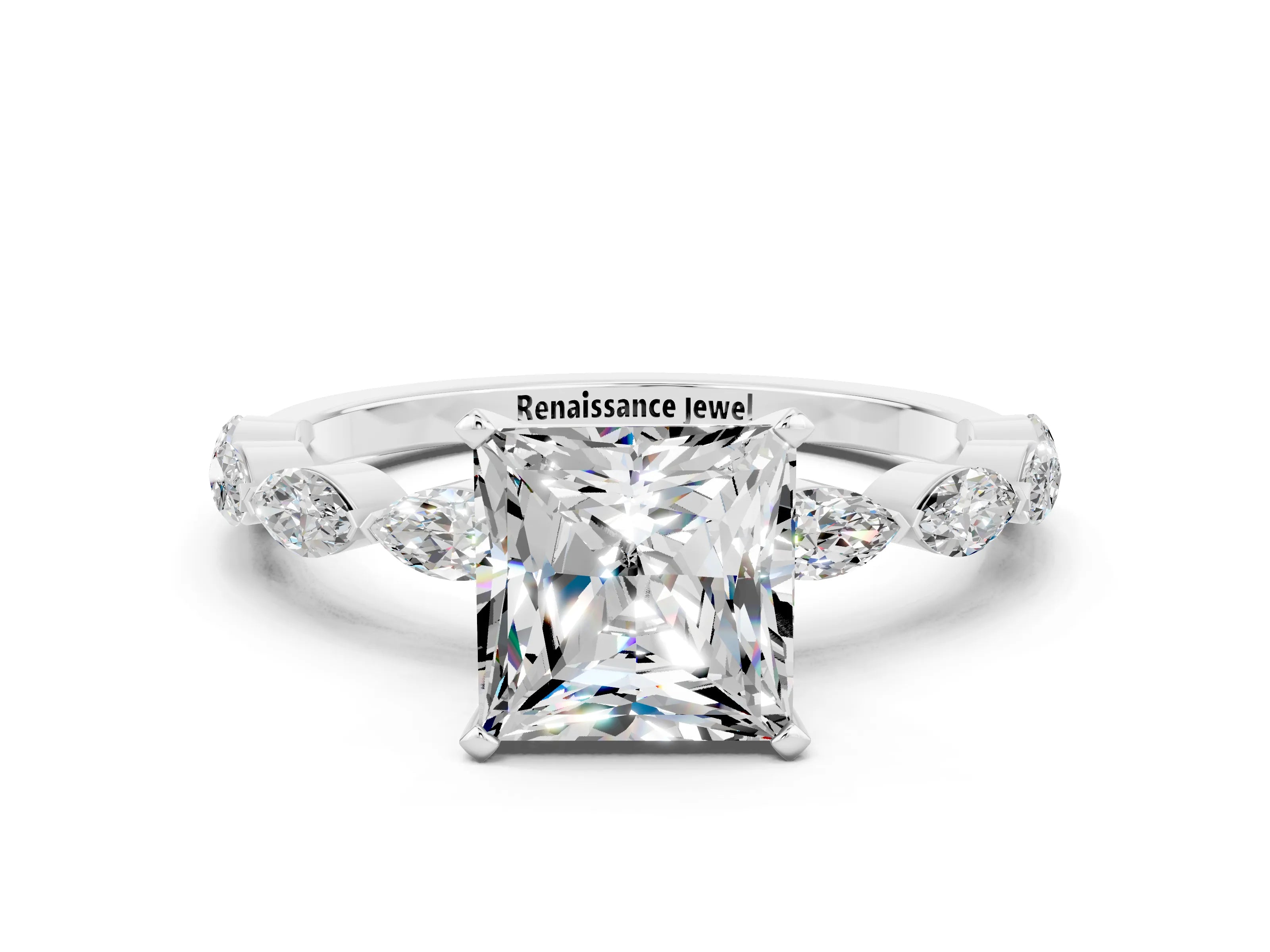 White gold Princess Cut Moissanite Ring with Marquise Side Stones and Prong Setting
