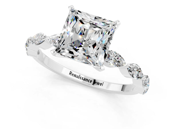 Silver Princess Cut Moissanite Ring with Marquise Side Stones and Prong Setting