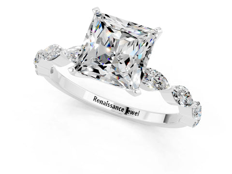White gold Princess Cut Moissanite Ring with Marquise Side Stones and Prong Setting_1