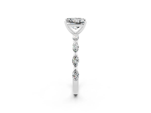 Platinum Princess Cut Moissanite Ring with Marquise Side Stones and Prong Setting