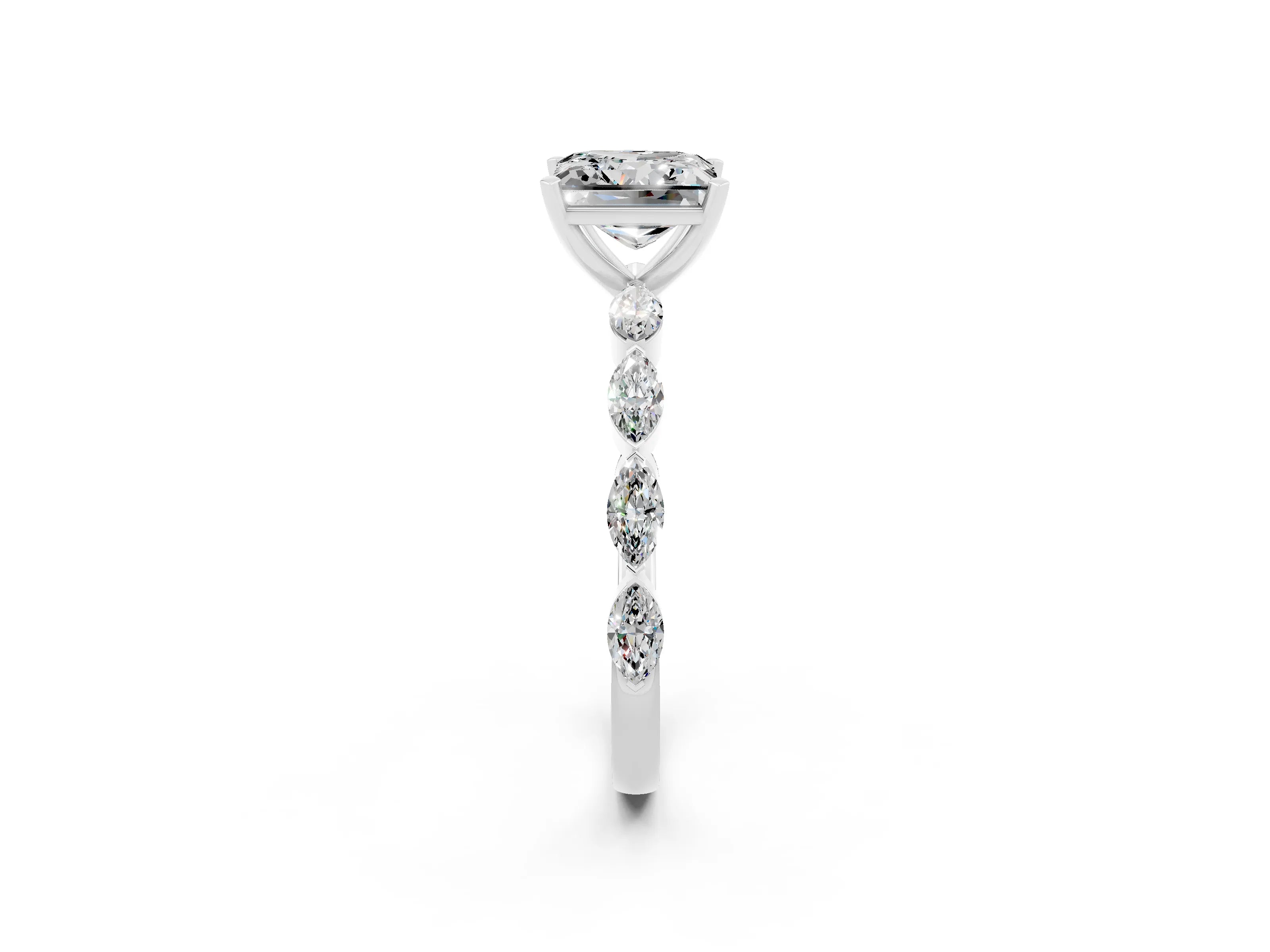 White gold Princess Cut Moissanite Ring with Marquise Side Stones and Prong Setting_2