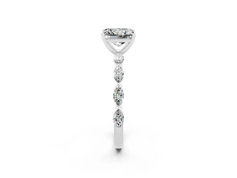 White gold Princess Cut Moissanite Ring with Marquise Side Stones and Prong Setting_2