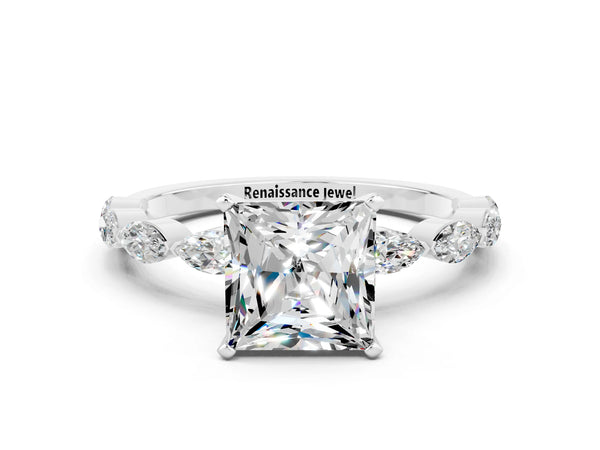 White gold Princess Cut Moissanite Ring with Marquise Side Stones and Prong Setting