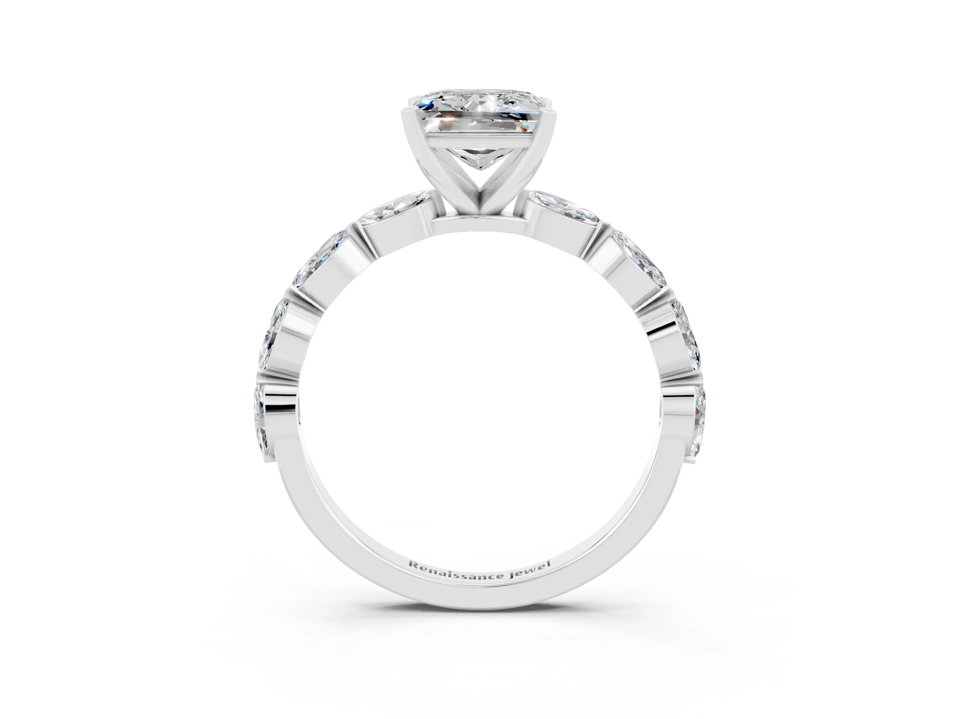 White gold Princess Cut Moissanite Ring with Marquise Side Stones and Prong Setting_3