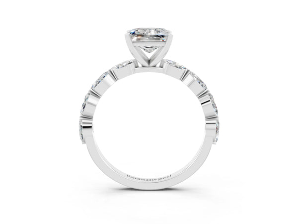 Silver Princess Cut Moissanite Ring with Marquise Side Stones and Prong Setting