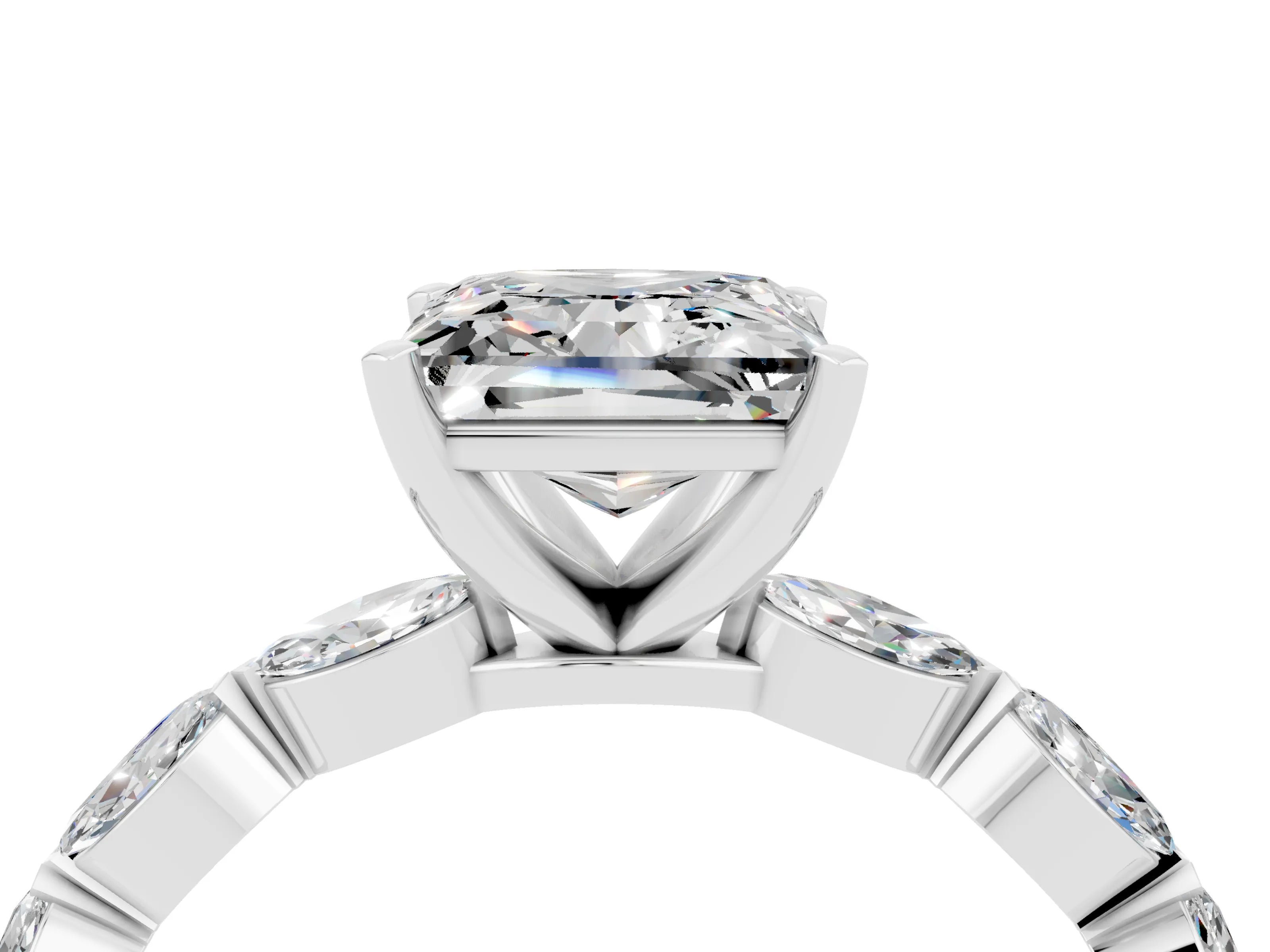 White gold Princess Cut Moissanite Ring with Marquise Side Stones and Prong Setting_4