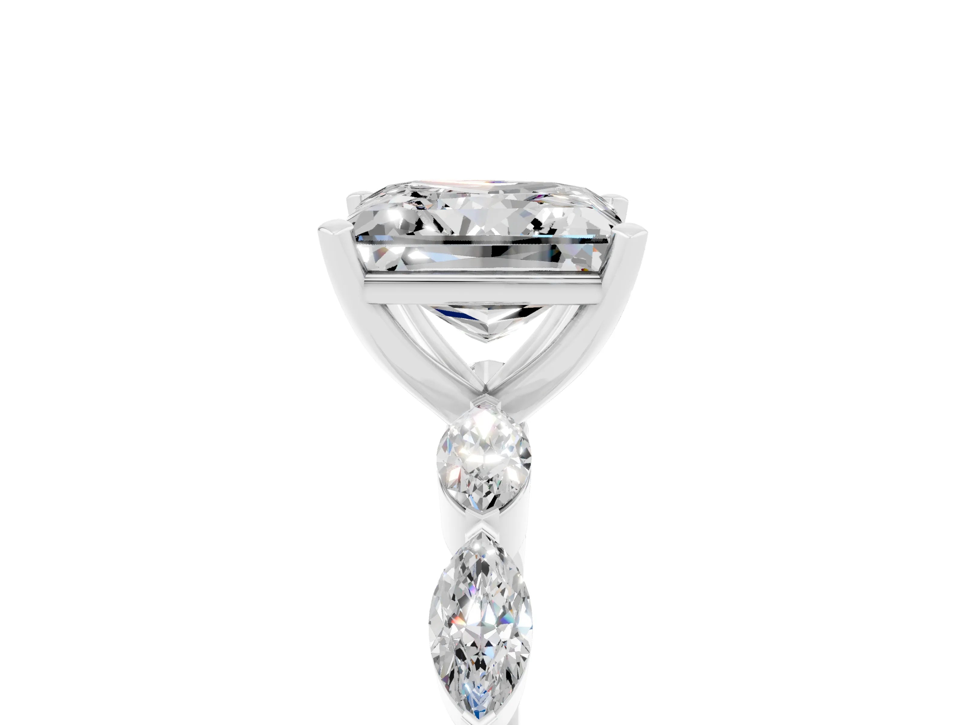 White gold Princess Cut Moissanite Ring with Marquise Side Stones and Prong Setting_5