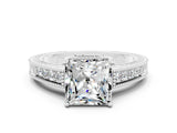 White gold Princess Cut Moissanite Ring with Milgrain Pavé Band and Four-Prong Setting_12