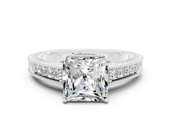 Platinum Princess Cut Moissanite Ring with Milgrain Pavé Band and Four-Prong Setting