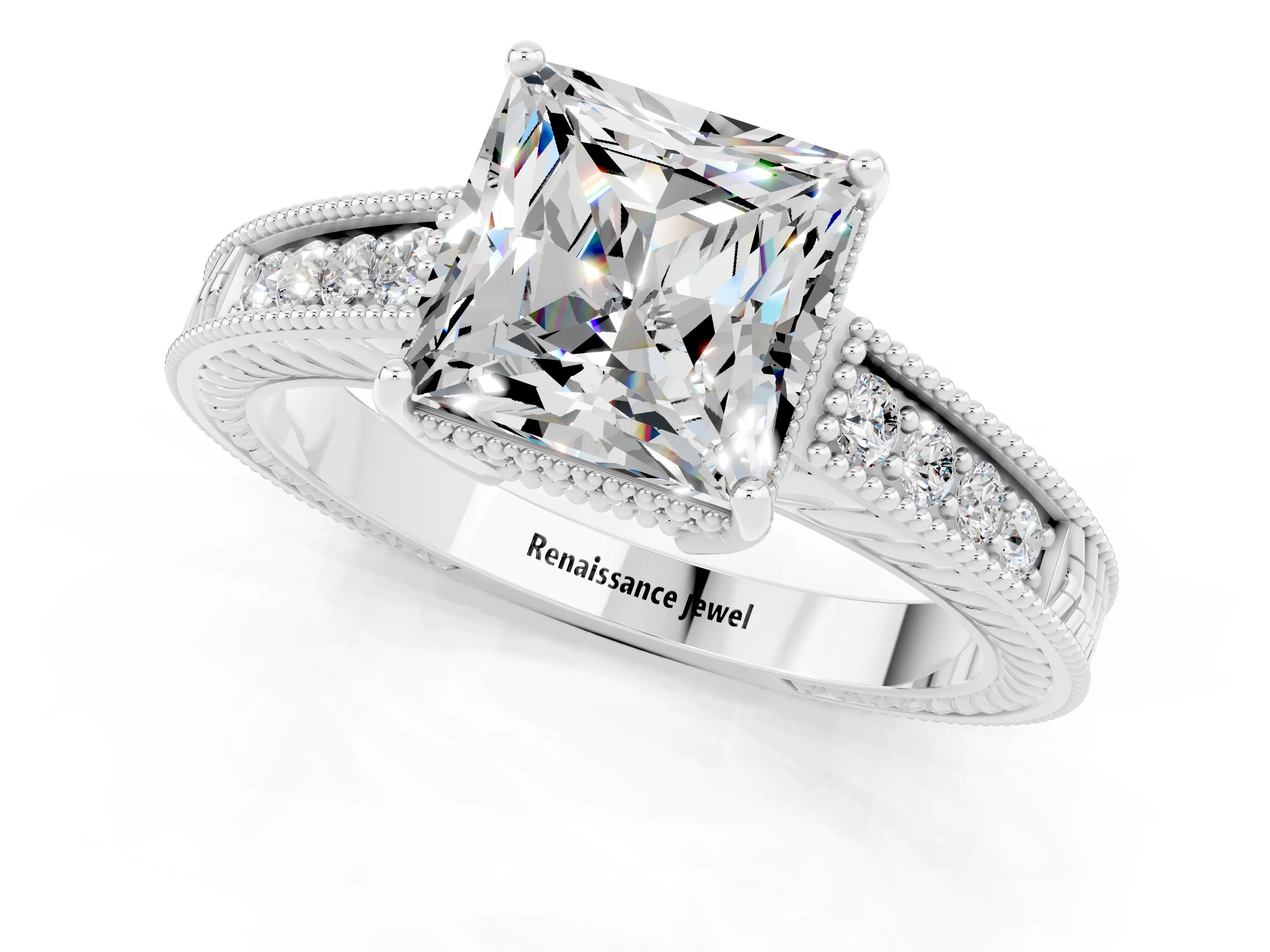 White gold Princess Cut Moissanite Ring with Milgrain Pavé Band and Four-Prong Setting_13
