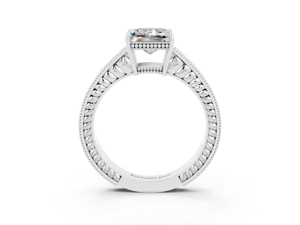 Platinum Princess Cut Moissanite Ring with Milgrain Pavé Band and Four-Prong Setting