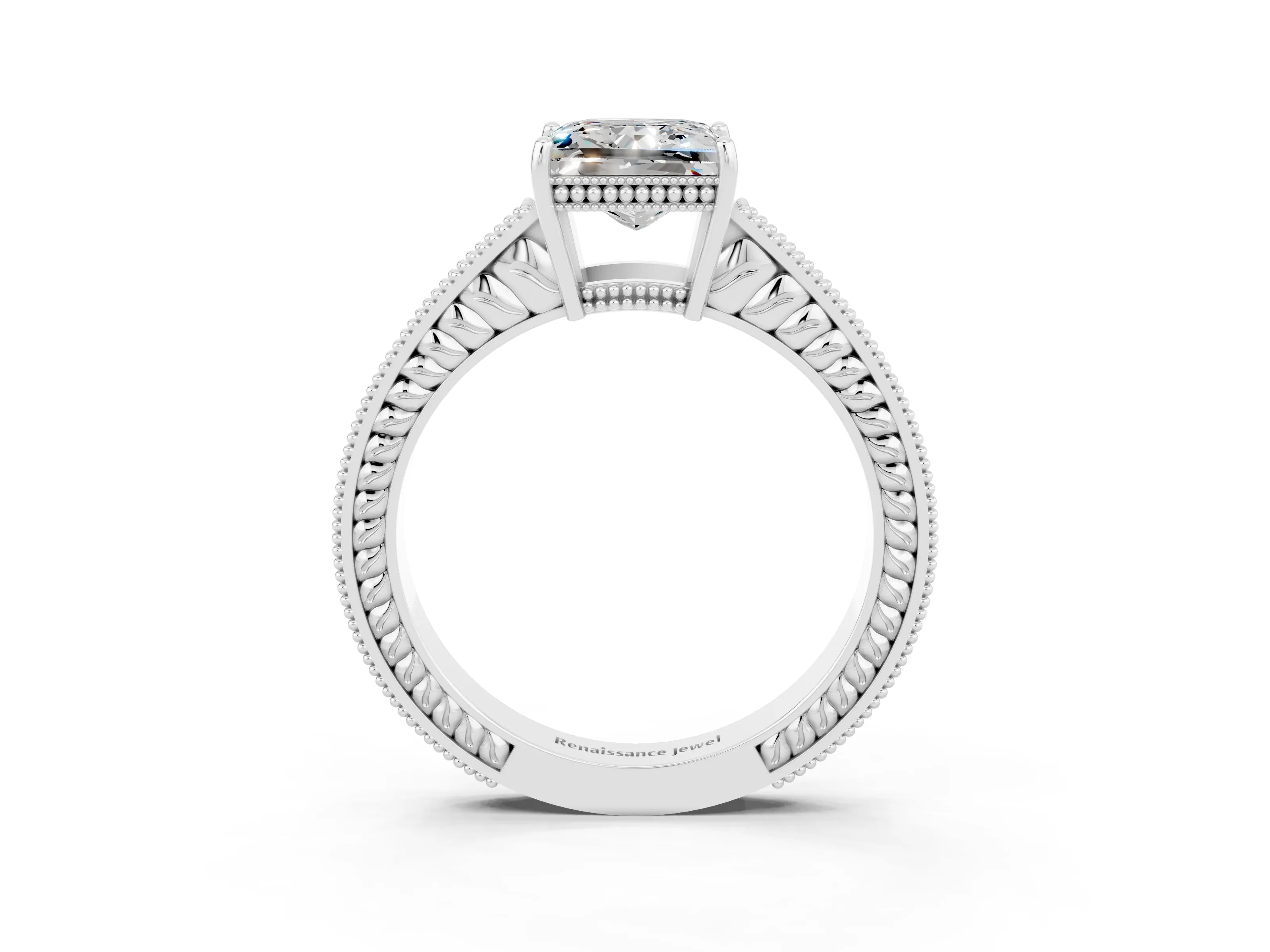 White gold Princess Cut Moissanite Ring with Milgrain Pavé Band and Four-Prong Setting_15