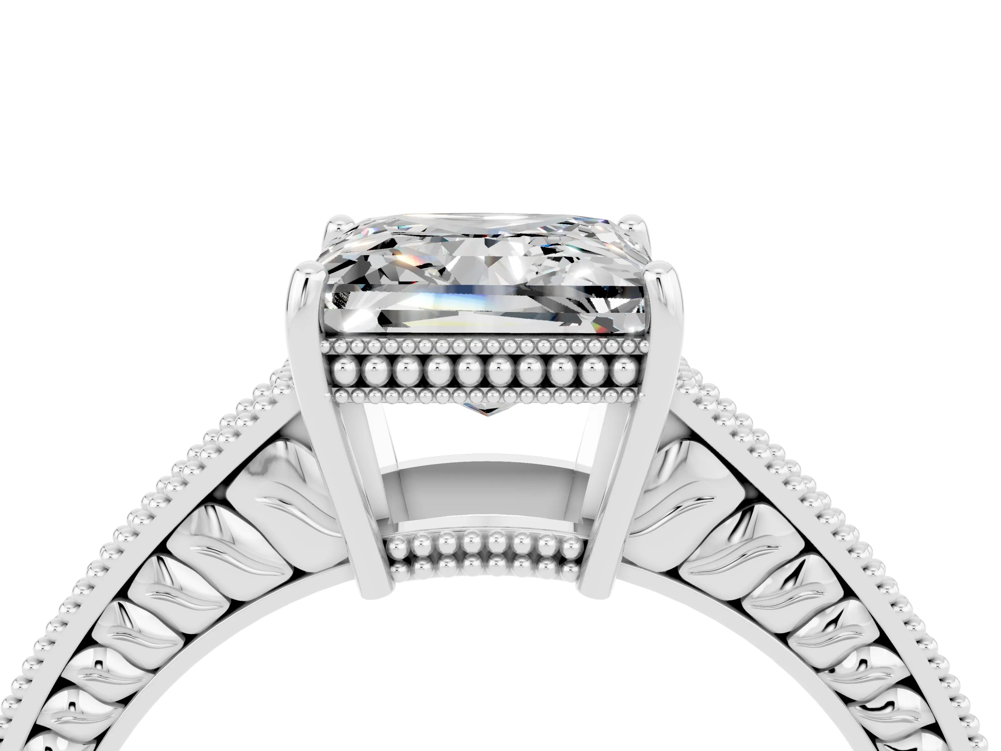 White gold Princess Cut Moissanite Ring with Milgrain Pavé Band and Four-Prong Setting_16