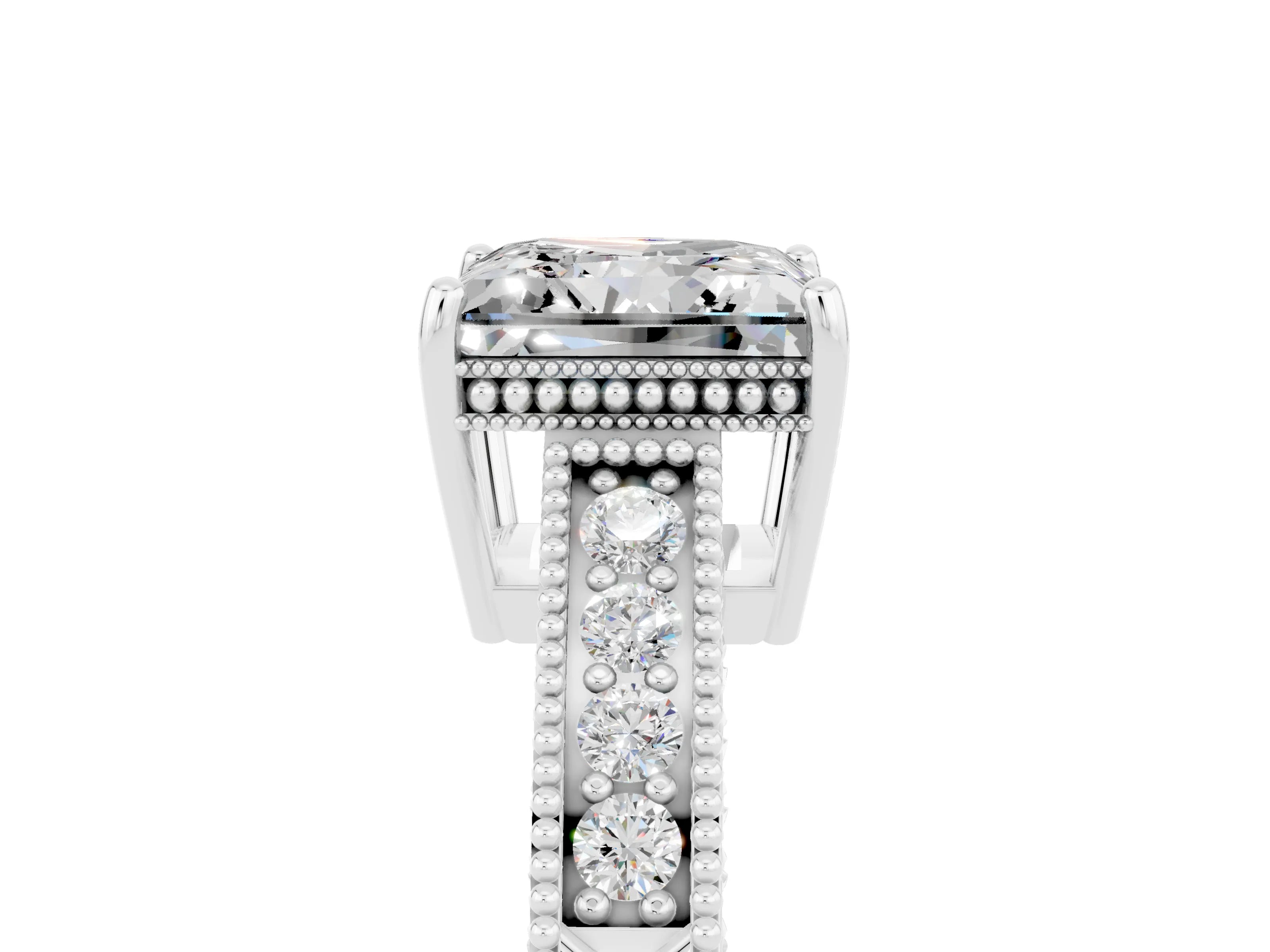 White gold Princess Cut Moissanite Ring with Milgrain Pavé Band and Four-Prong Setting_17