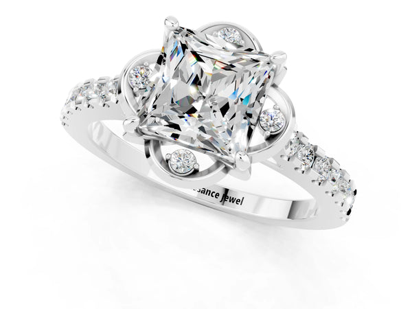 Silver Princess Cut Moissanite Ring with Pavé Band and Floral Prong Setting