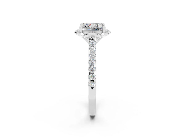 Platinum Princess Cut Moissanite Ring with Pavé Band and Floral Prong Setting