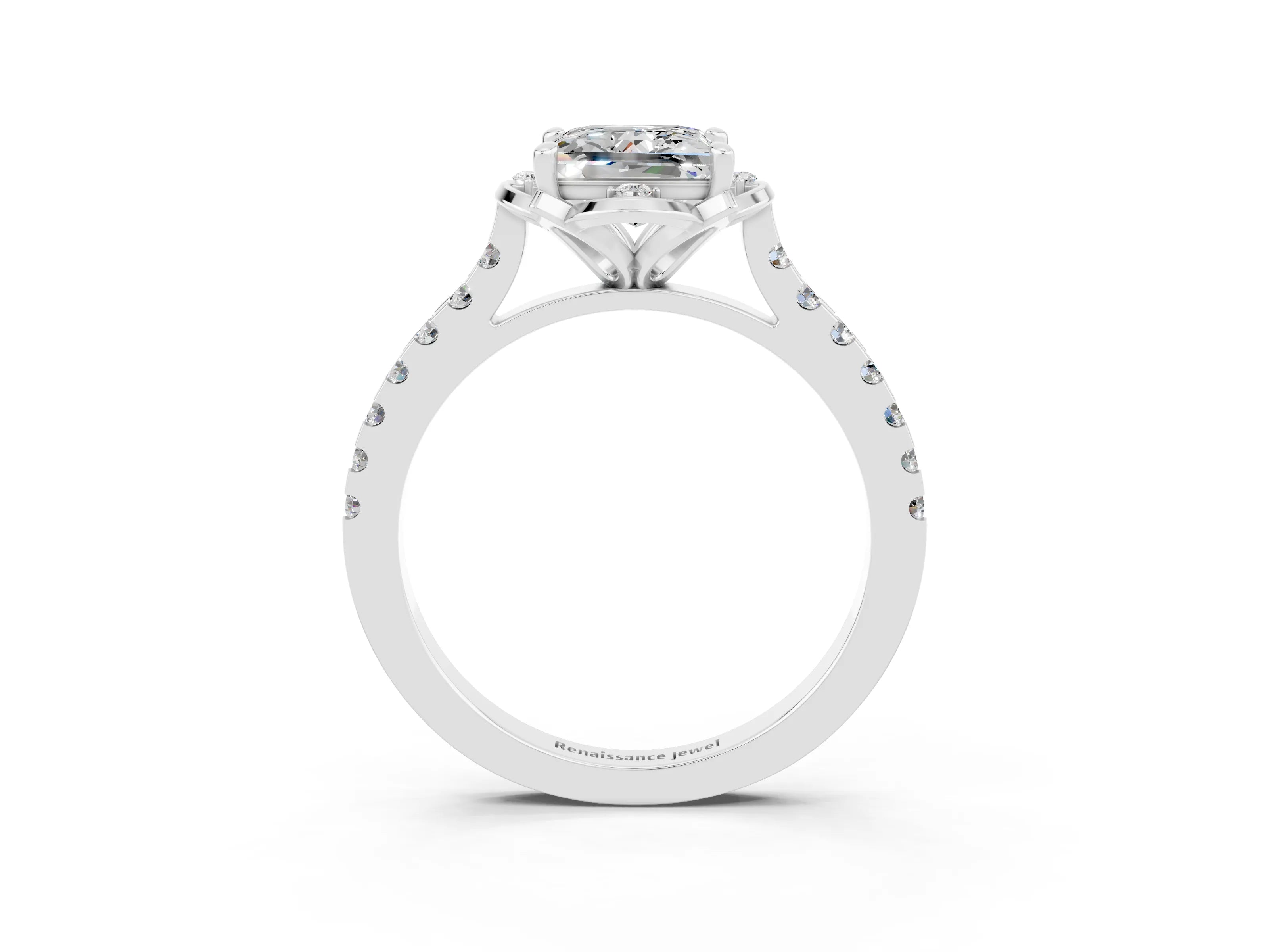 White gold Princess Cut Moissanite Ring with Pavé Band and Floral Prong Setting_3