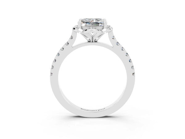 White gold Princess Cut Moissanite Ring with Pavé Band and Floral Prong Setting