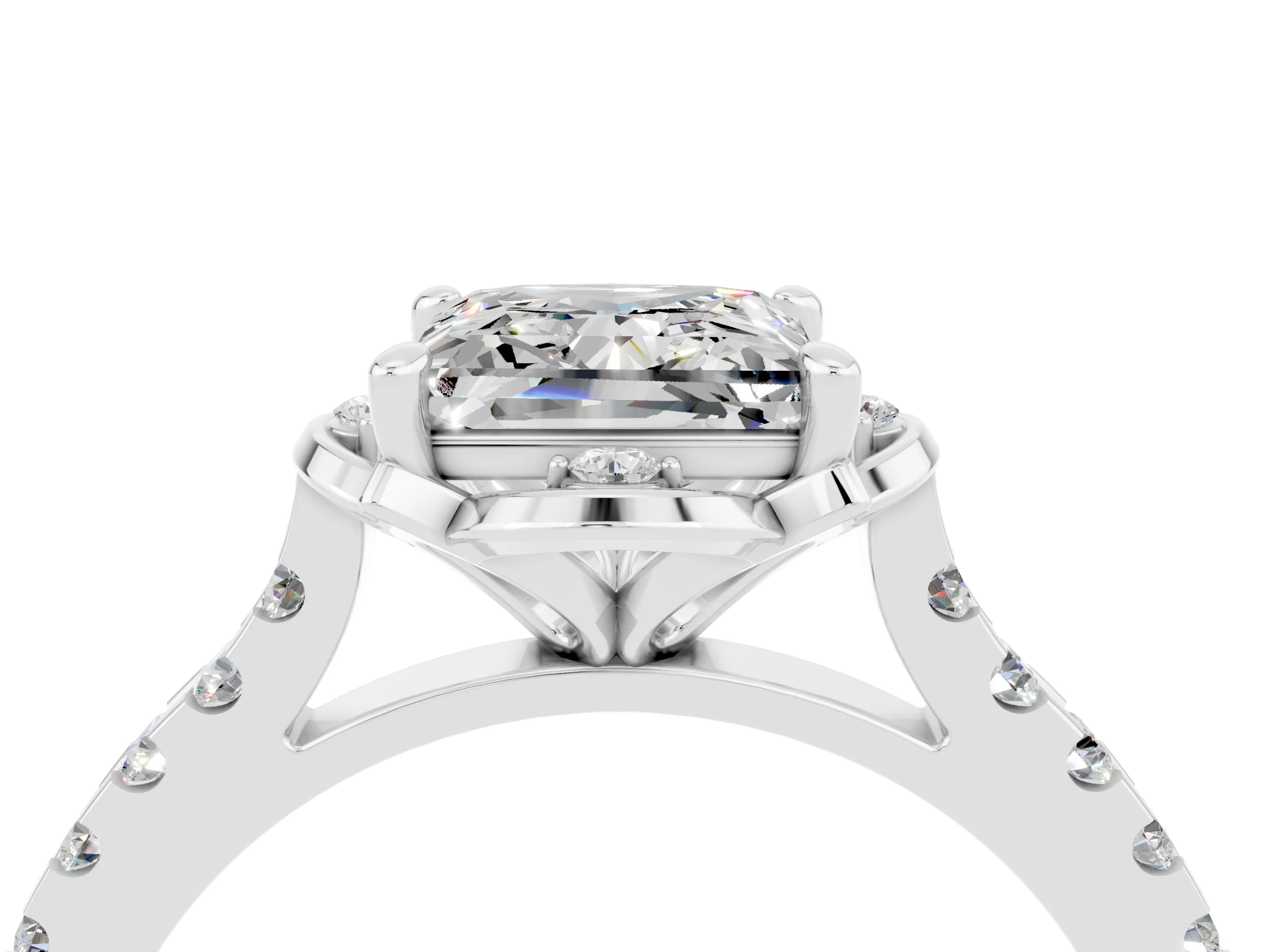White gold Princess Cut Moissanite Ring with Pavé Band and Floral Prong Setting_4