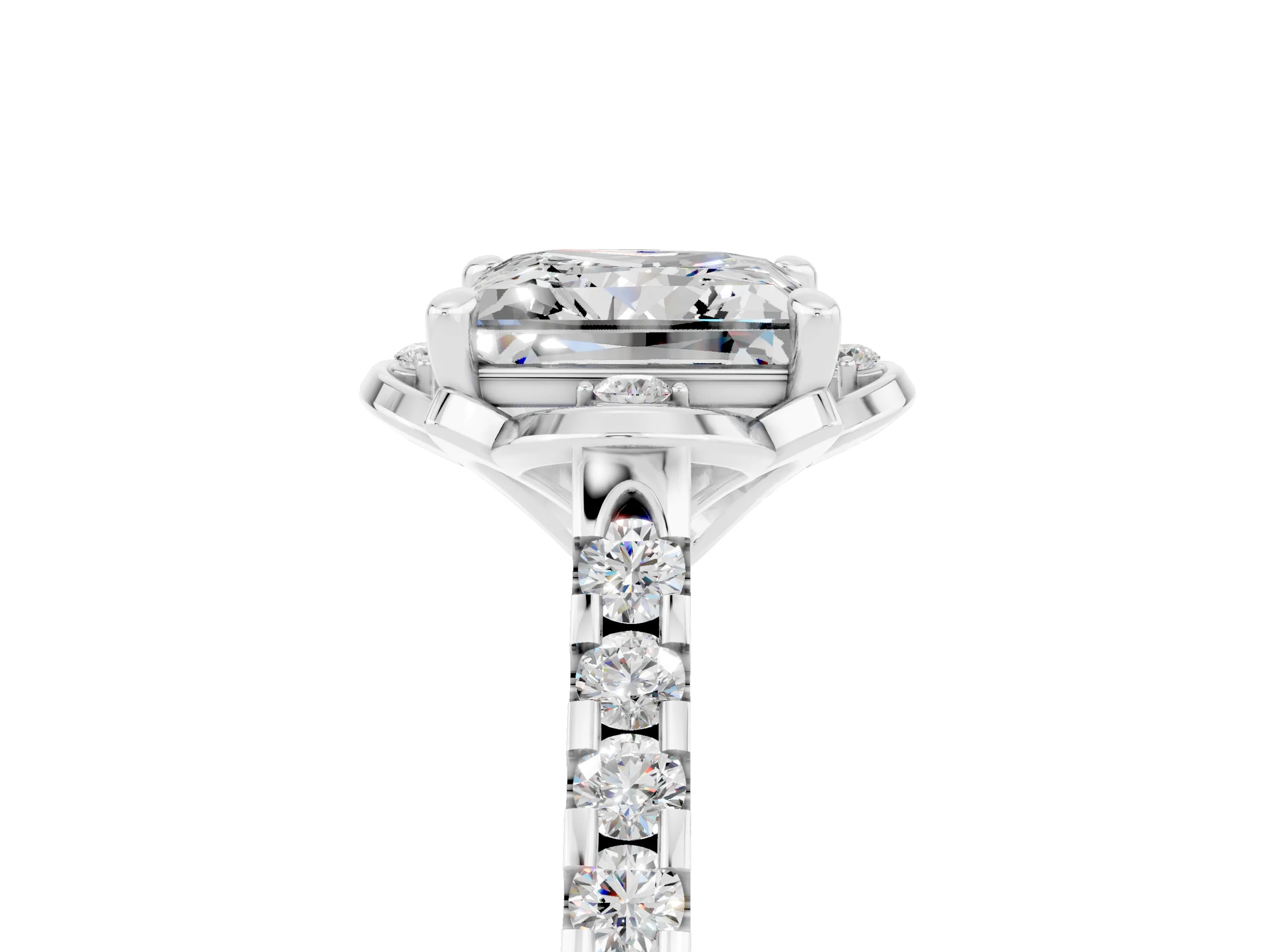 White gold Princess Cut Moissanite Ring with Pavé Band and Floral Prong Setting_5