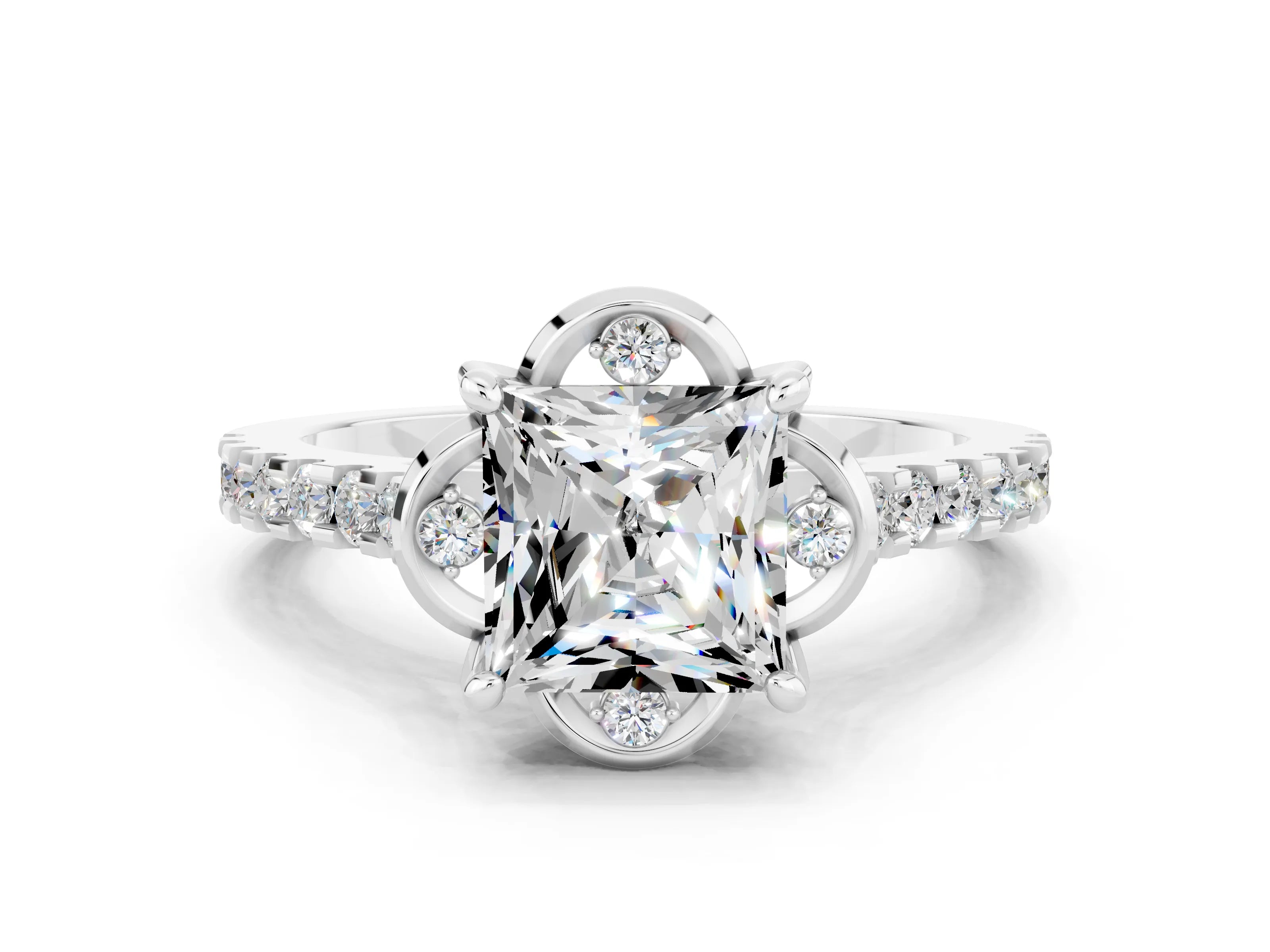 White gold Princess Cut Moissanite Ring with Pavé Band and Floral Prong Setting