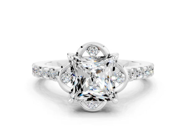 White gold Princess Cut Moissanite Ring with Pavé Band and Floral Prong Setting