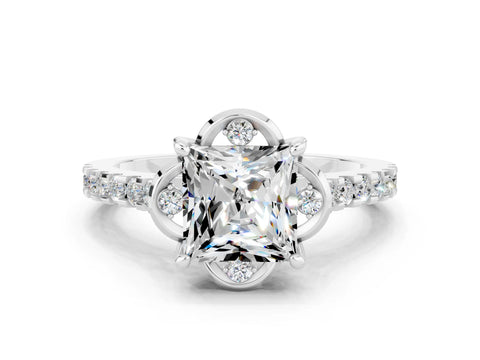 White gold Princess Cut Moissanite Ring with Pavé Band and Floral Prong Setting