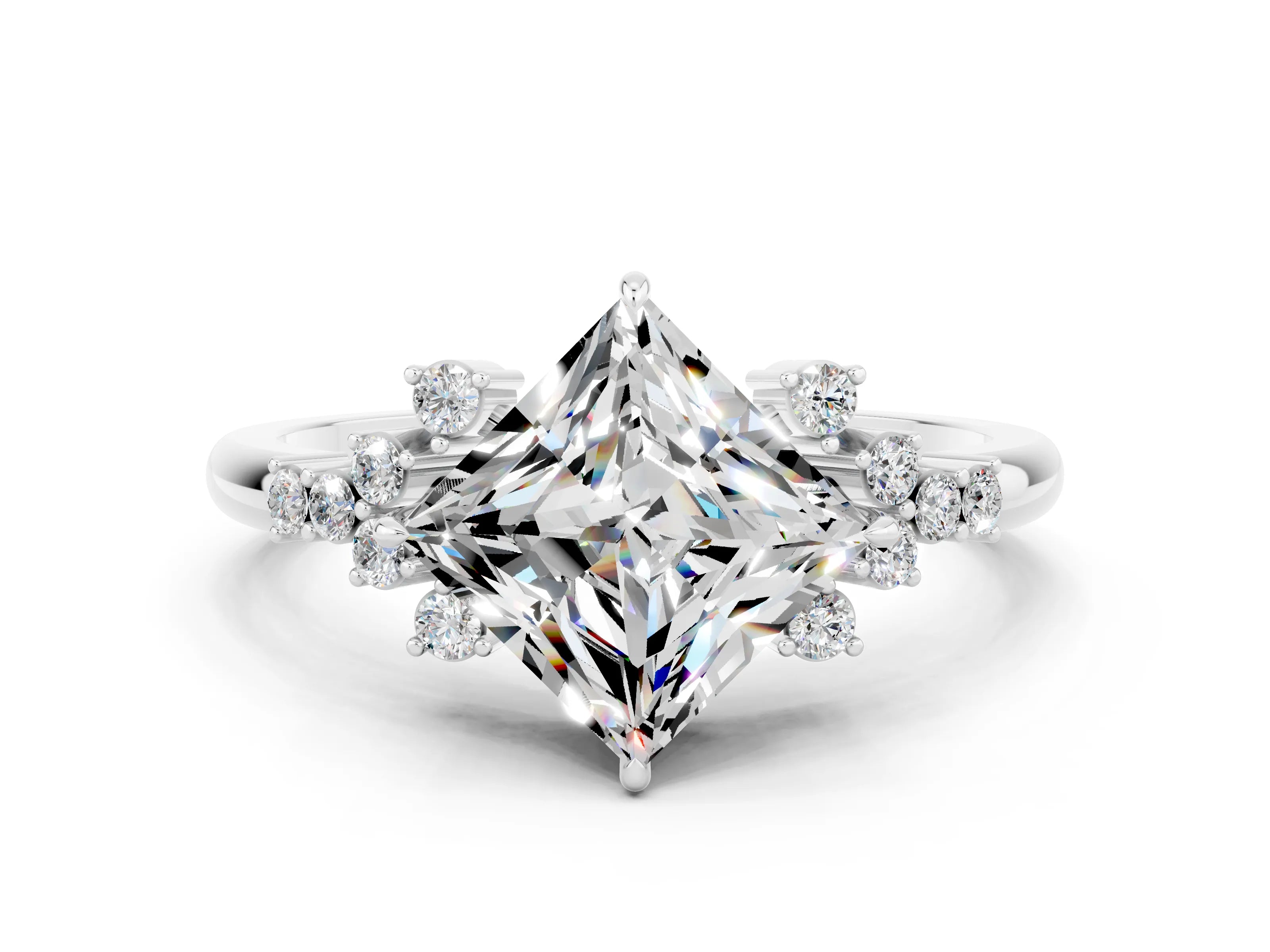 White gold Princess Cut Moissanite Ring with Side Stones and Four-Prong Setting_36