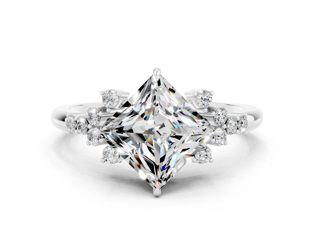 White gold Princess Cut Moissanite Ring with Side Stones and Four-Prong Setting_36
