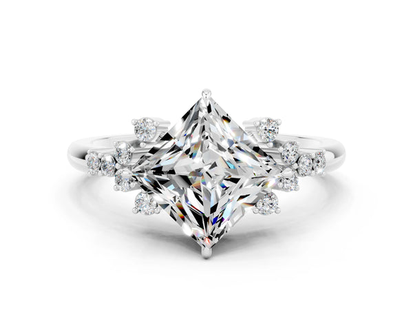 White gold Princess Cut Moissanite Ring with Side Stones and Four-Prong Setting