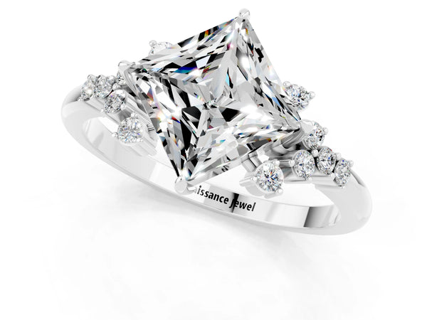 White gold Princess Cut Moissanite Ring with Side Stones and Four-Prong Setting
