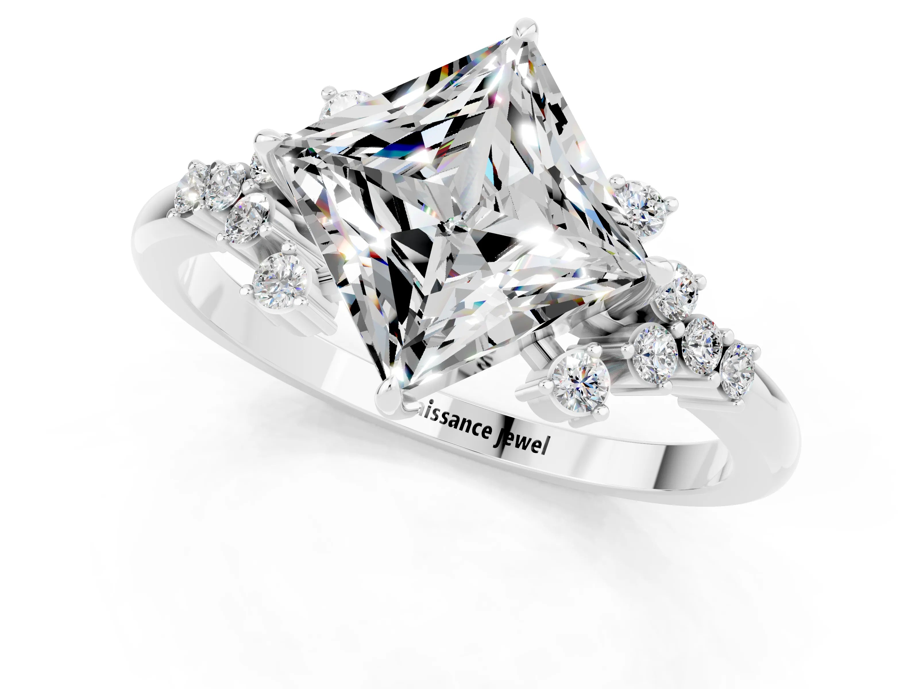 White gold Princess Cut Moissanite Ring with Side Stones and Four-Prong Setting_37
