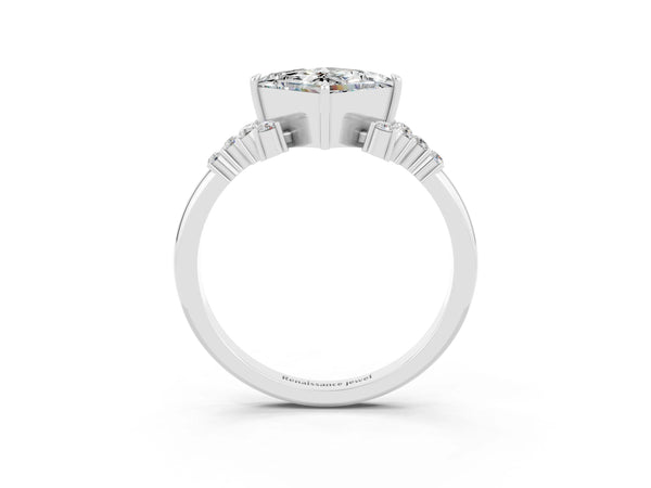 Silver Princess Cut Moissanite Ring with Side Stones and Four-Prong Setting