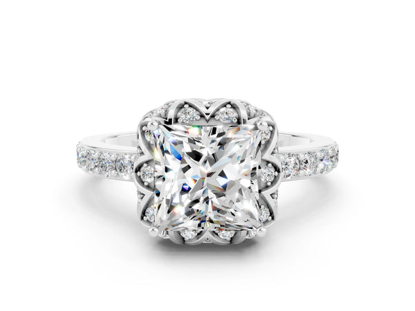Platinum Princess Cut Moissanite Scalloped Halo Engagement Ring with Round Shared Prong Band