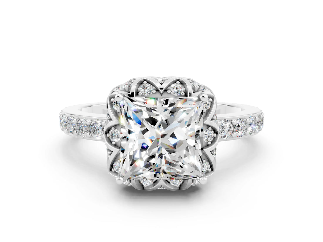 White gold Princess Cut Moissanite Scalloped Halo Engagement Ring with Round Shared Prong Band_12