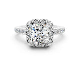 White gold Princess Cut Moissanite Scalloped Halo Engagement Ring with Round Shared Prong Band_12
