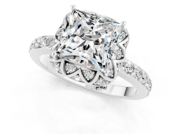 Platinum Princess Cut Moissanite Scalloped Halo Engagement Ring with Round Shared Prong Band