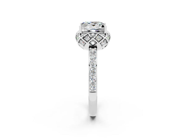 Platinum Princess Cut Moissanite Scalloped Halo Engagement Ring with Round Shared Prong Band