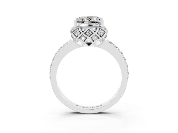 White gold Princess Cut Moissanite Scalloped Halo Engagement Ring with Round Shared Prong Band