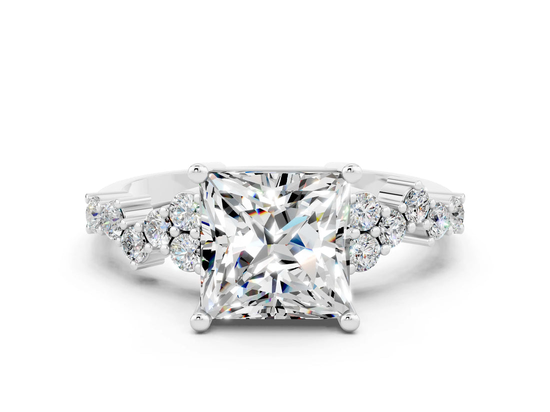White gold Princess Cut Moissanite Scattered Round Accent Ring with Prong Setting_24