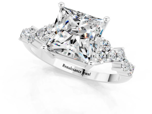 White gold Princess Cut Moissanite Scattered Round Accent Ring with Prong Setting
