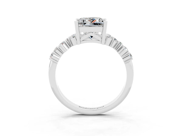 White gold Princess Cut Moissanite Scattered Round Accent Ring with Prong Setting