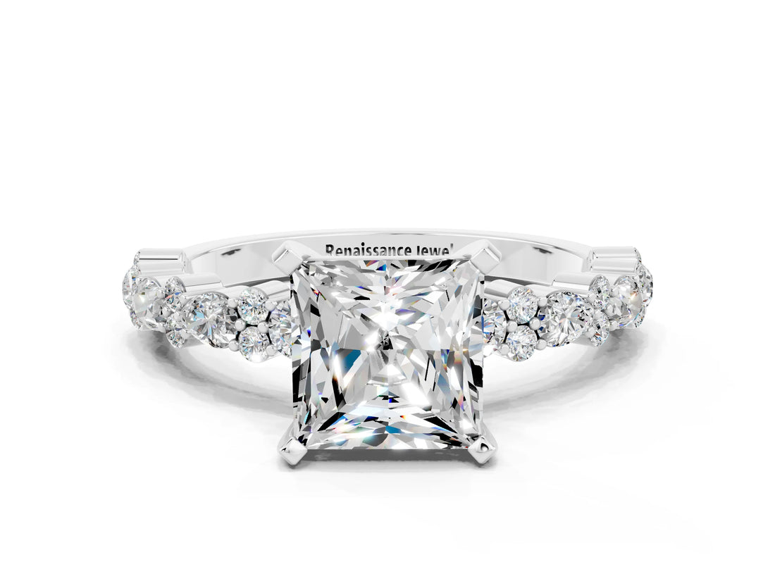 White gold Princess Cut Moissanite Side Stone Solitaire Ring with Round  and Four-Prong Setting_48