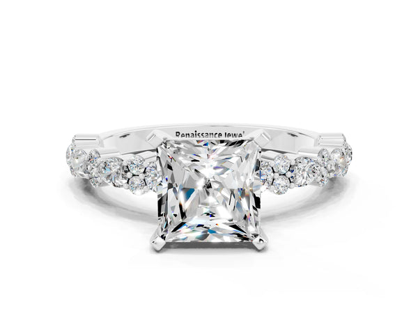 Silver Princess Cut Moissanite Side Stone Solitaire Ring with Round  and Four-Prong Setting