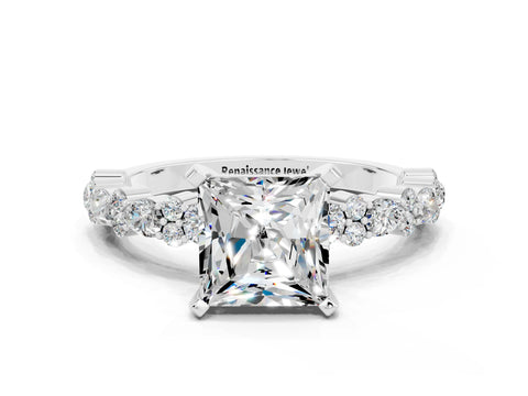 White gold Princess Cut Moissanite Side Stone Solitaire Ring with Round  and Four-Prong Setting_48