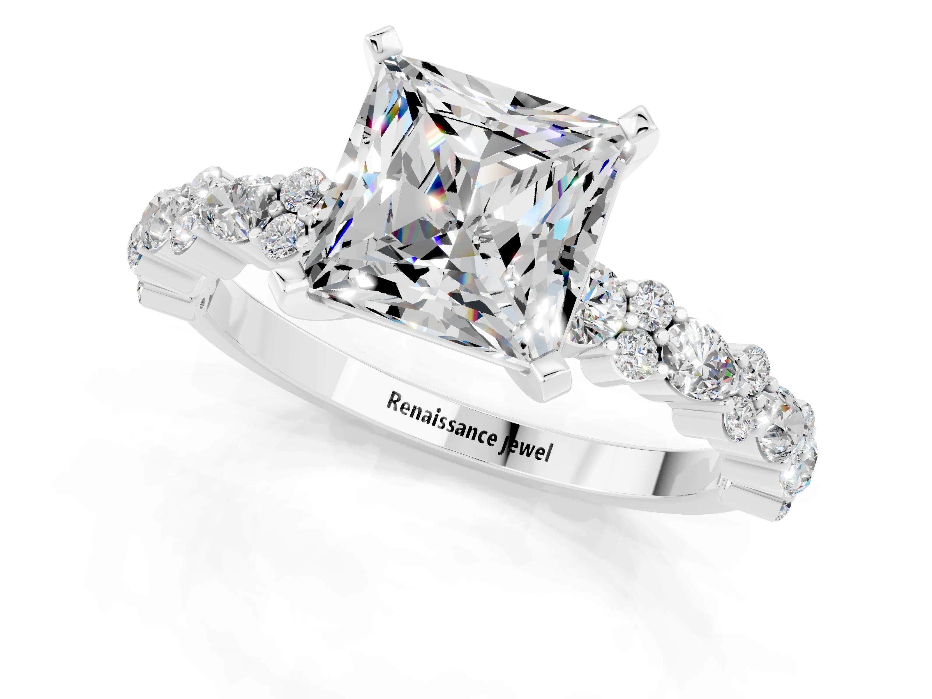 White gold Princess Cut Moissanite Side Stone Solitaire Ring with Round  and Four-Prong Setting_49