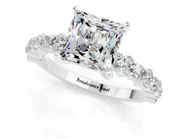Platinum Princess Cut Moissanite Side Stone Solitaire Ring with Round  and Four-Prong Setting